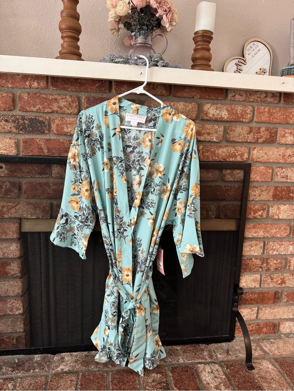 Birdy Grey Aqua Floral Kimono Robe with Yellow Blooms